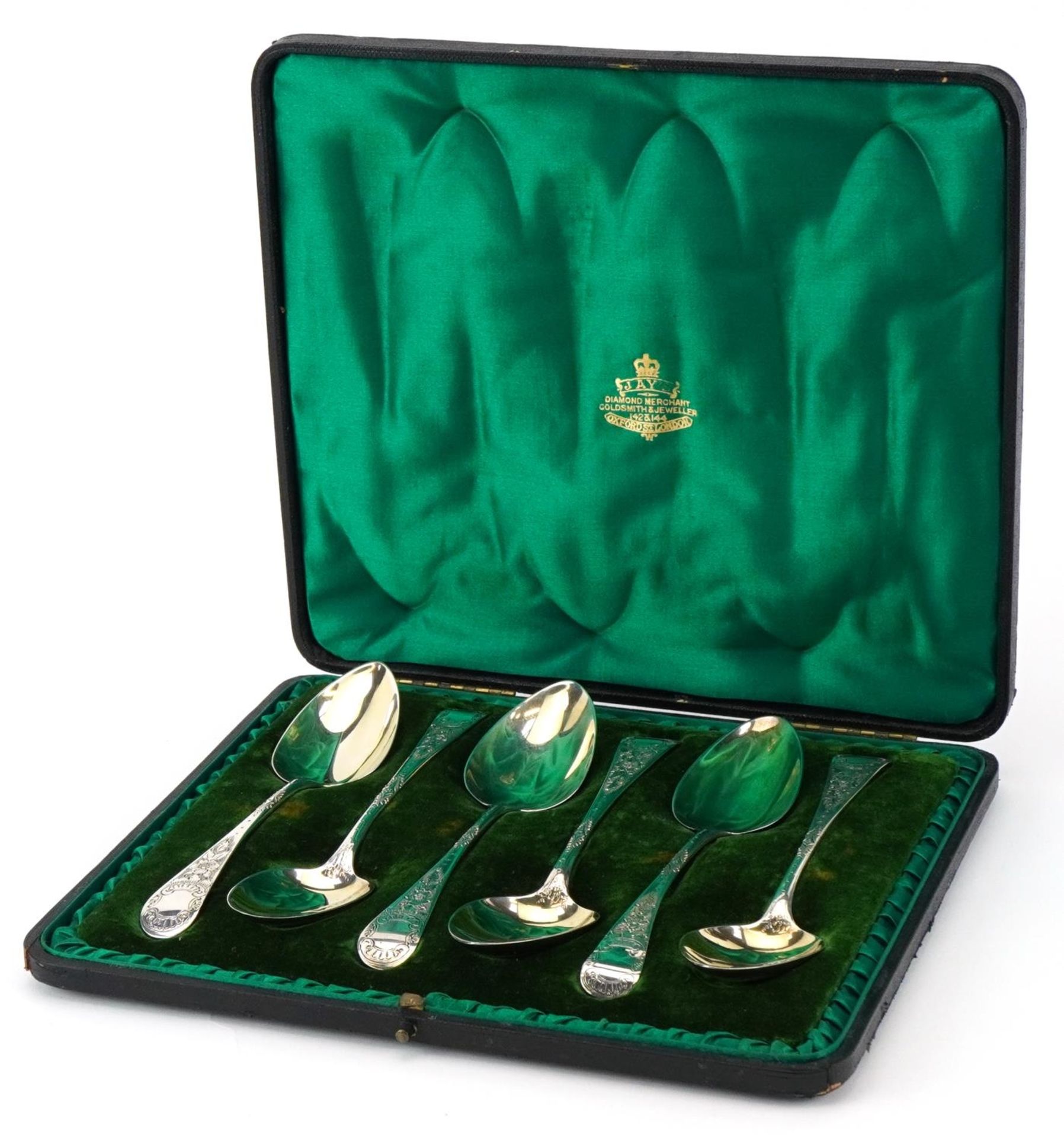 Matched set of six George III silver spoons housed in a Jays Oxford Street London jeweller's case,
