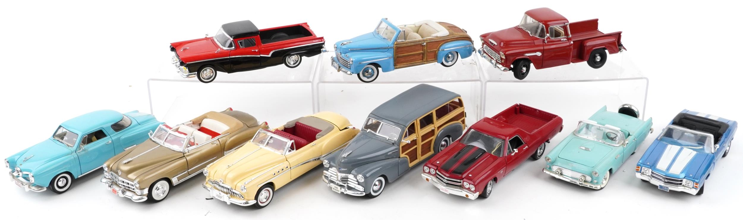 Ten 1:18 scale diecast vehicles including Road Legends 1957 Ford Ranchero, Signature Series 1946