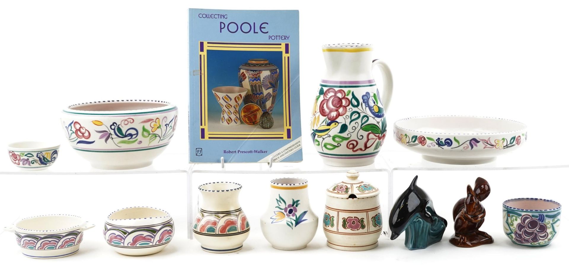 Poole pottery and Honiton collectable china including jug, bowl, preserve jar and cover and a