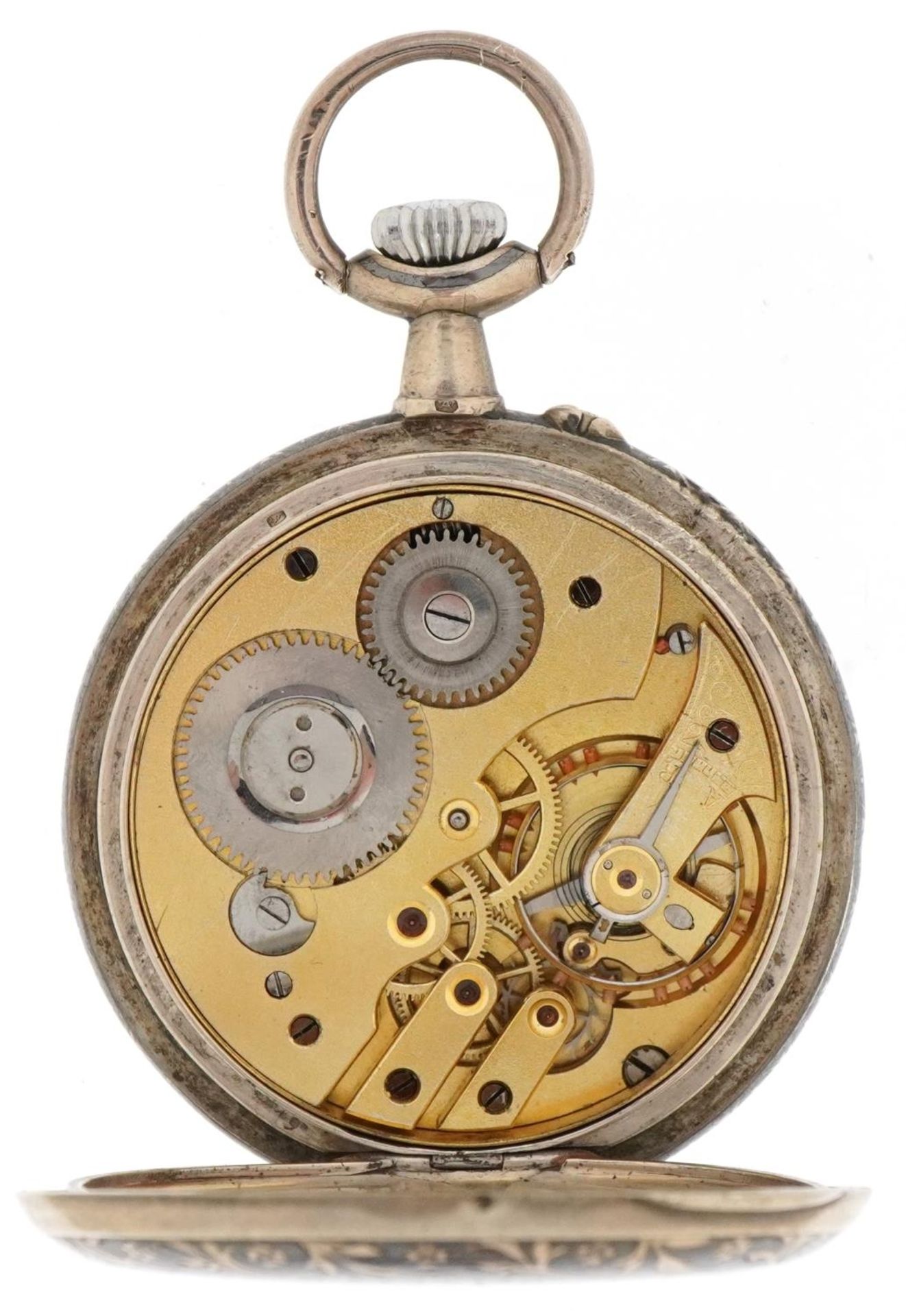 German 800 grade silver niello work open face keyless pocket watch having enamelled and subsidiary - Image 3 of 5