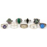 Nine silver rings, some set with semi precious stones and millefiori glass, various sizes, total