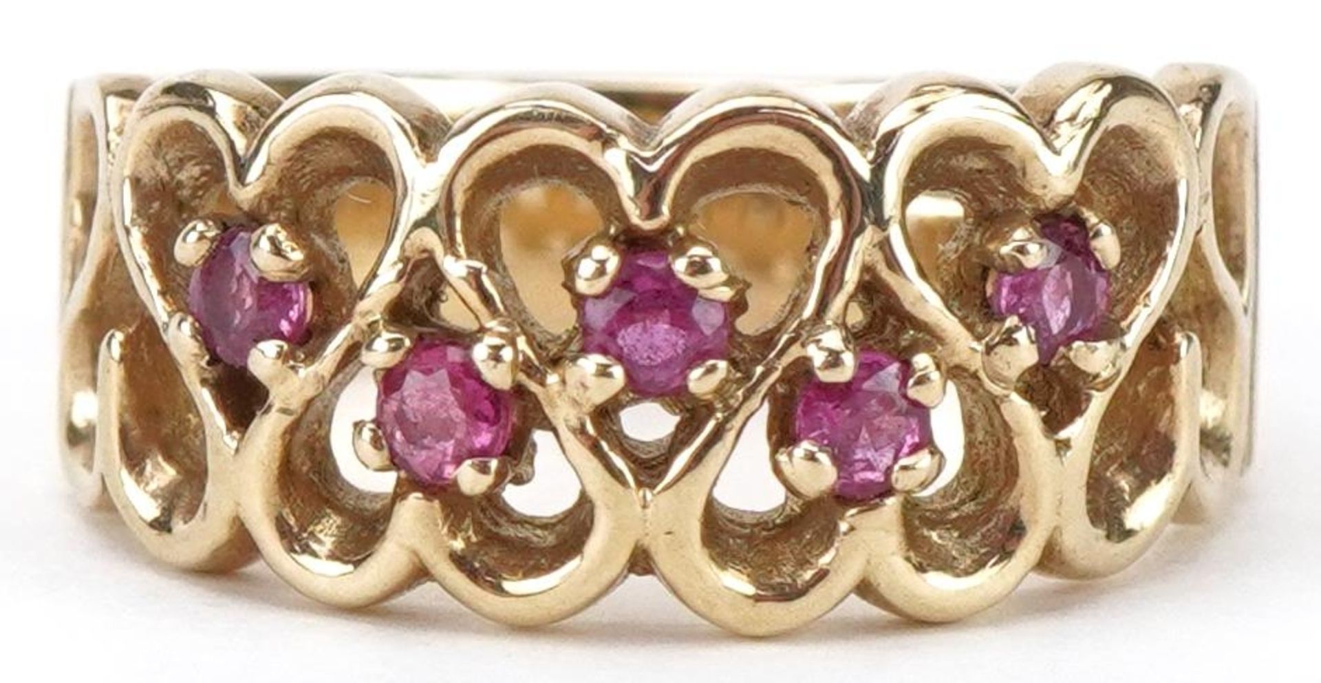 9ct gold pink spinel five stone openwork ring, size O, 4.4g
