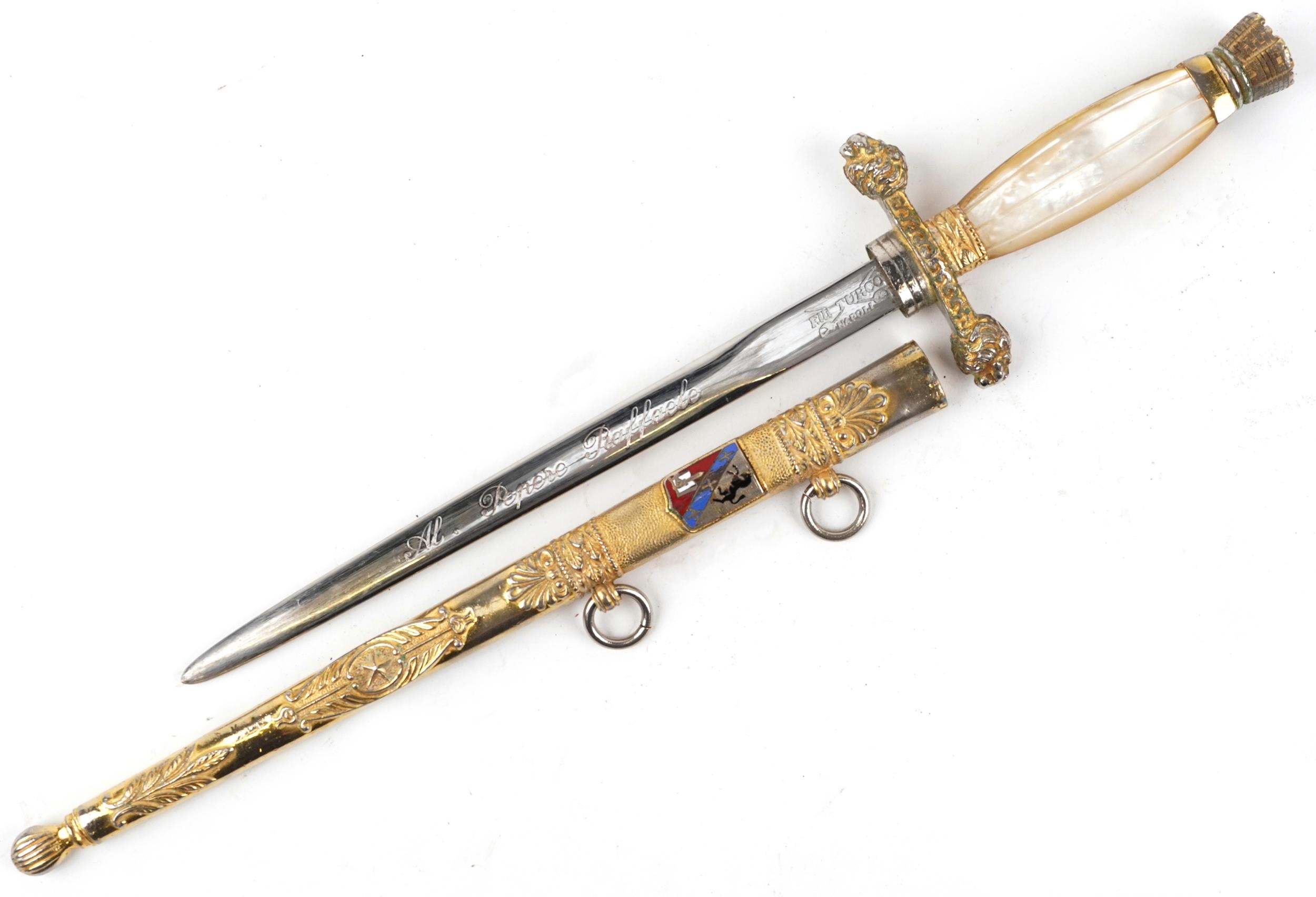 Italian military interest cadet's short sword with scabbard, mother of pearl grip and steel blade