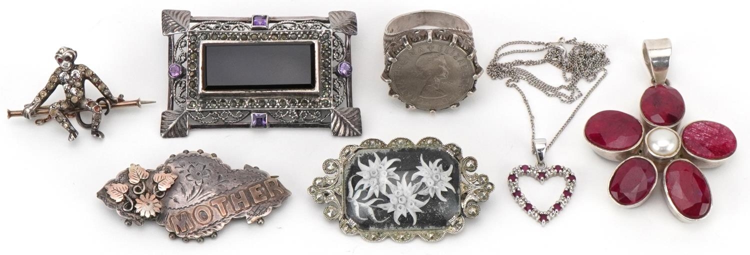 Victorian and later silver and white metal jewellery including an aesthetic 'Mother' brooch,