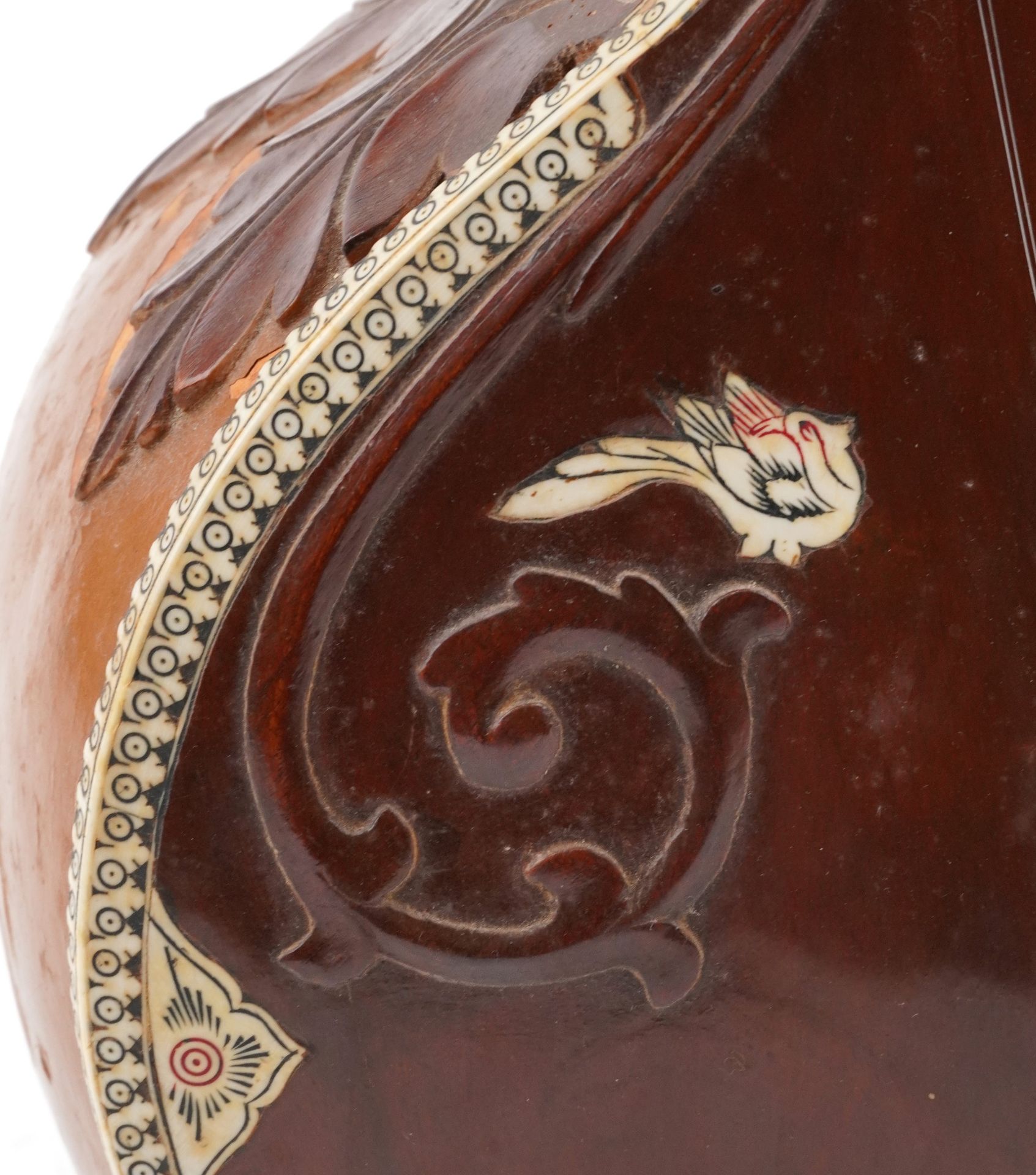 Indian hardwood, nut, ivorine and bone four string sitar, 126cm in length - Image 3 of 4