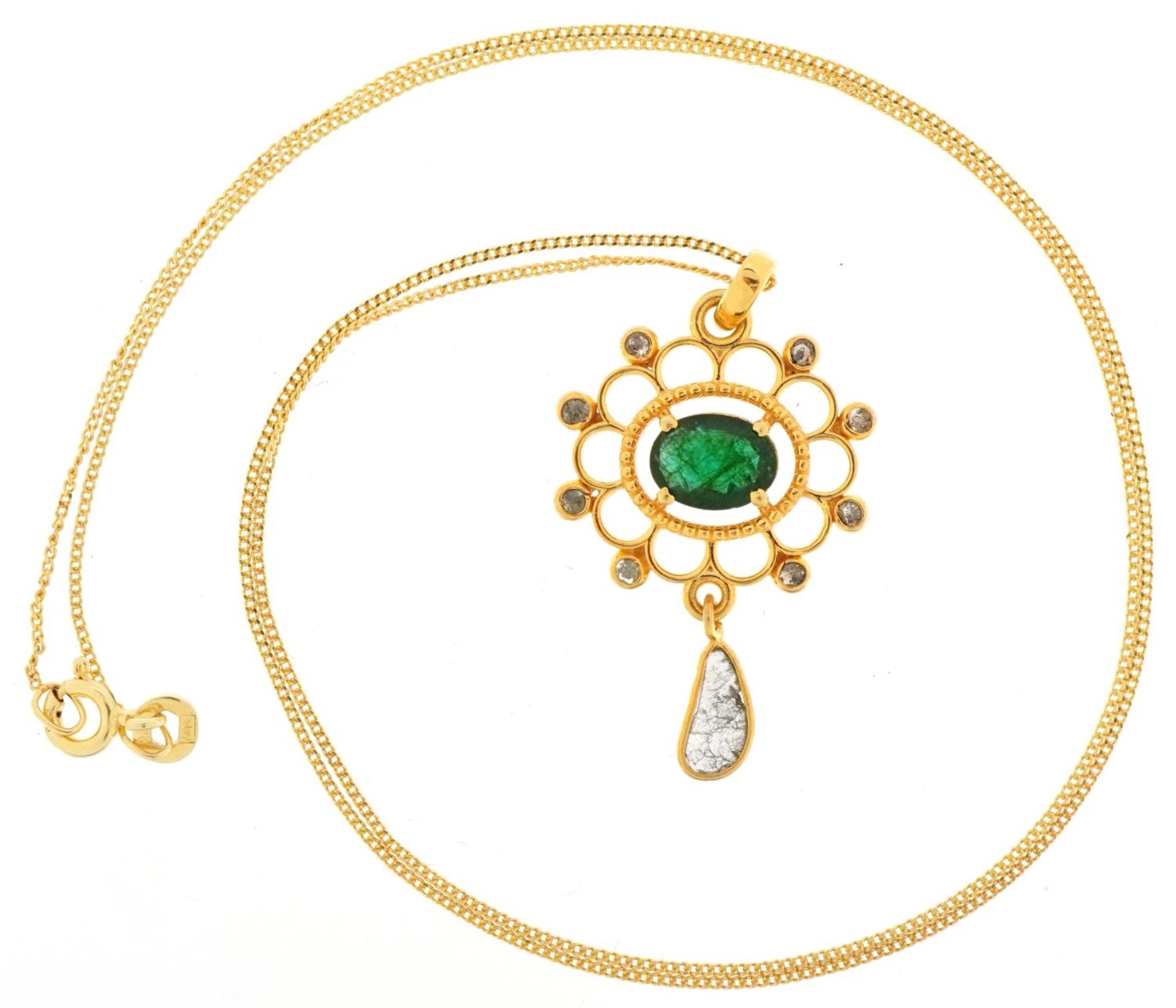 Yellow metal emerald and diamond openwork pendant on a silver gilt necklace, total diamond weight - Image 2 of 5