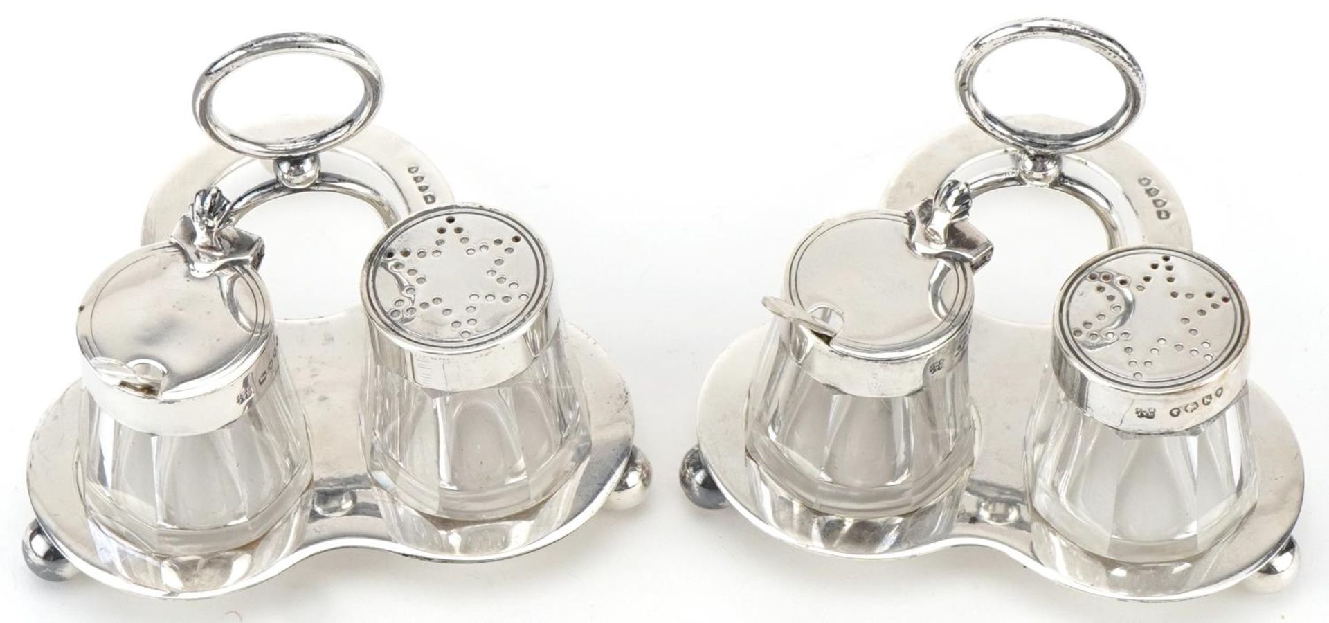 Hukin & Heath, two Victorian silver cruet sets on stand with glass jars, London 1885, each 8cm high, - Bild 2 aus 6