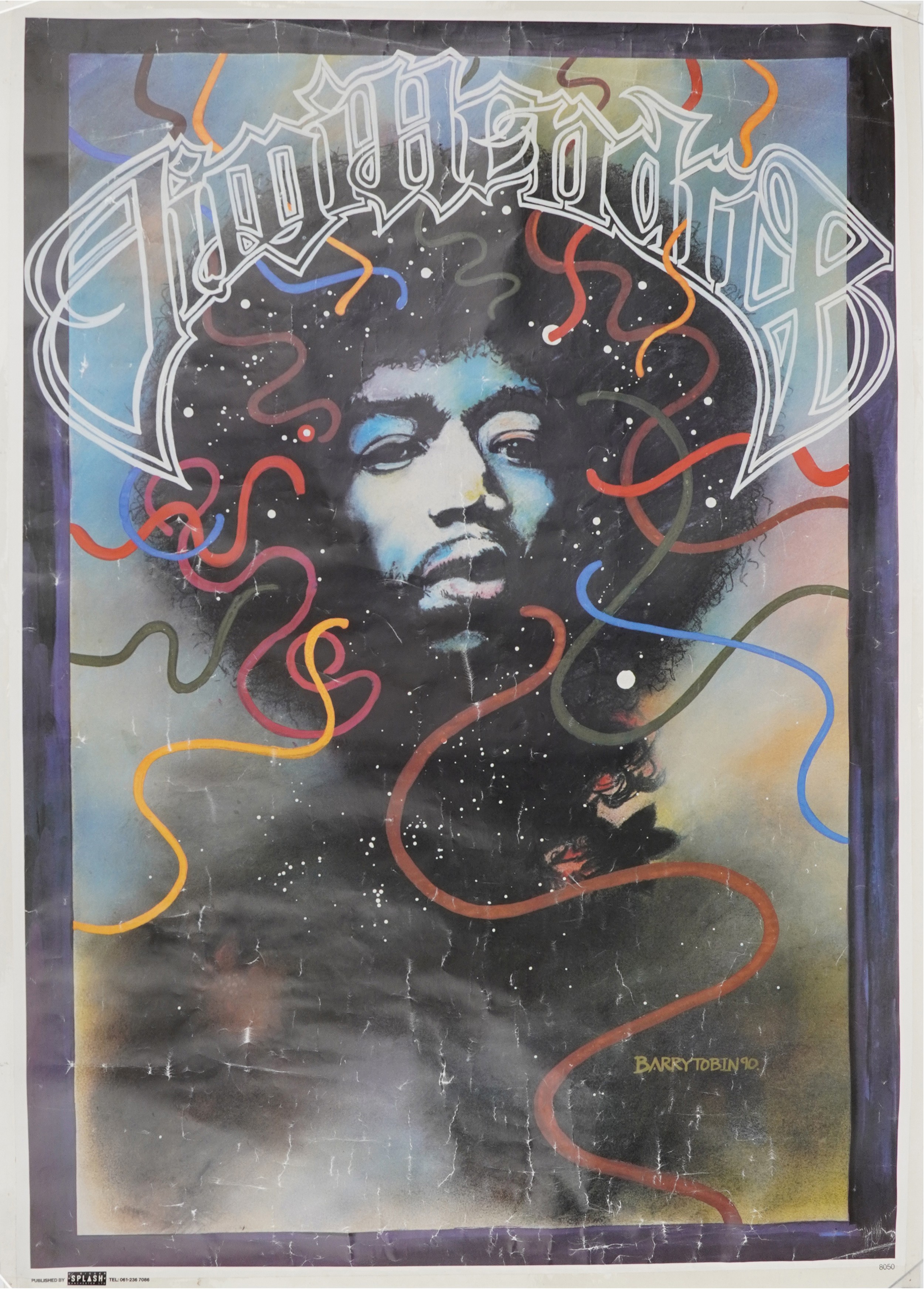 Vintage Jimi Hendrix poster designed by Barry Tobin, published by Splash, numbered 8050, 89cms x