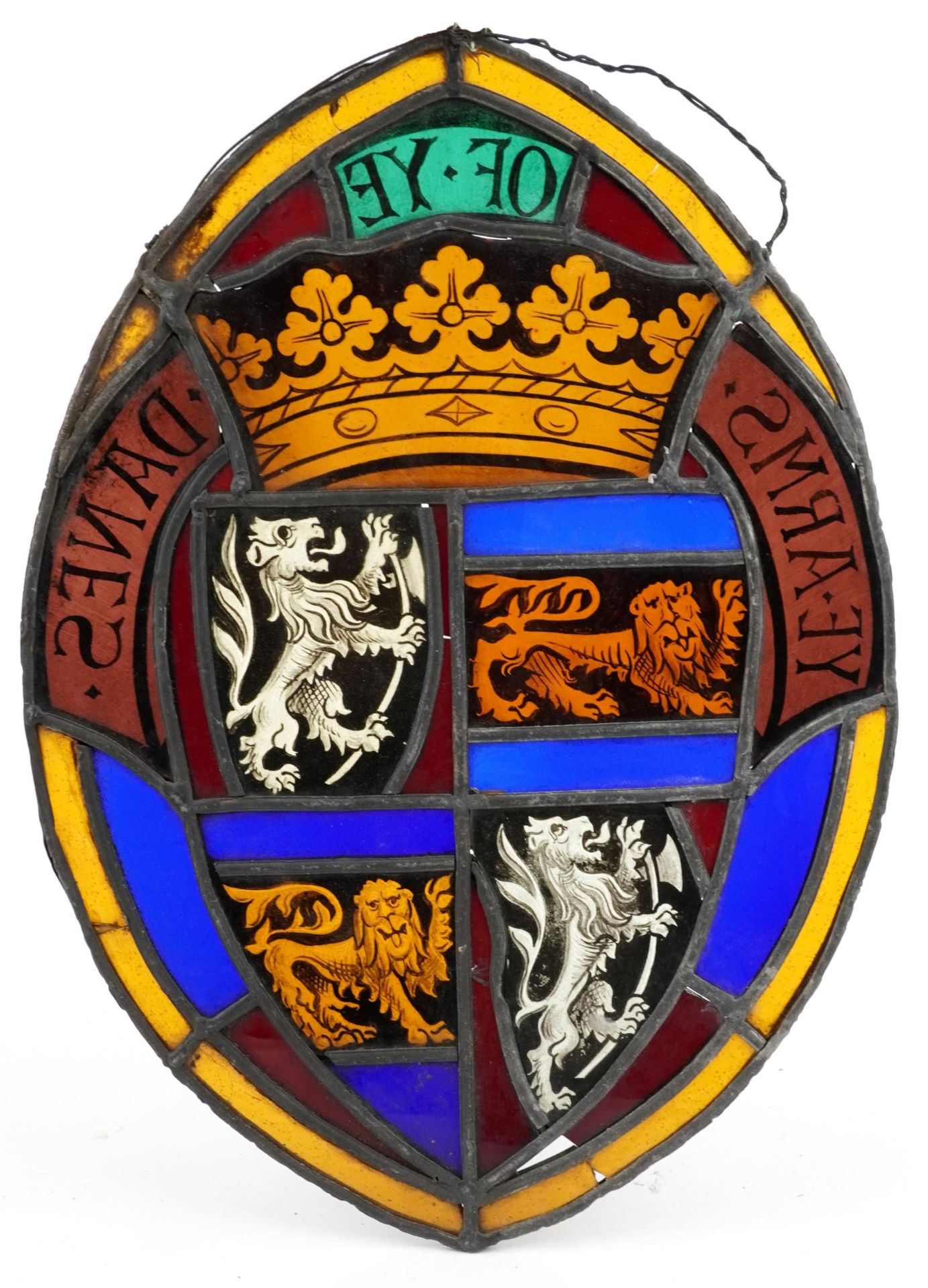 Four Danish leaded stained glass Heraldic Coat of Arms including one with lions and a bear, the - Bild 9 aus 9