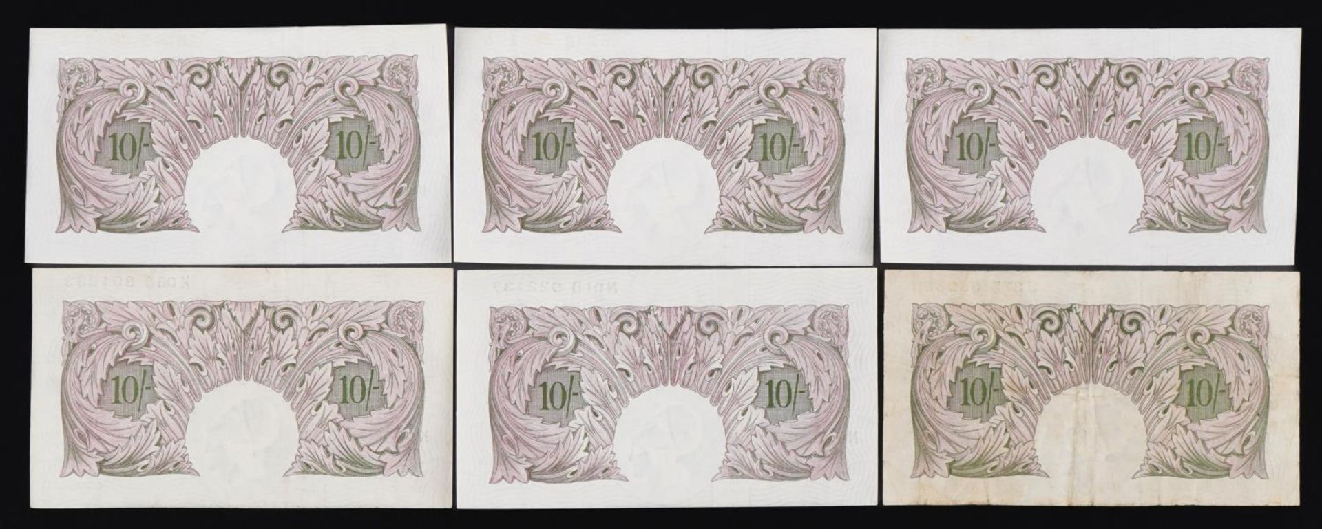 Six Bank of England ten shilling notes, each Chief Cashier K O Peppiatt, including three with - Bild 8 aus 12