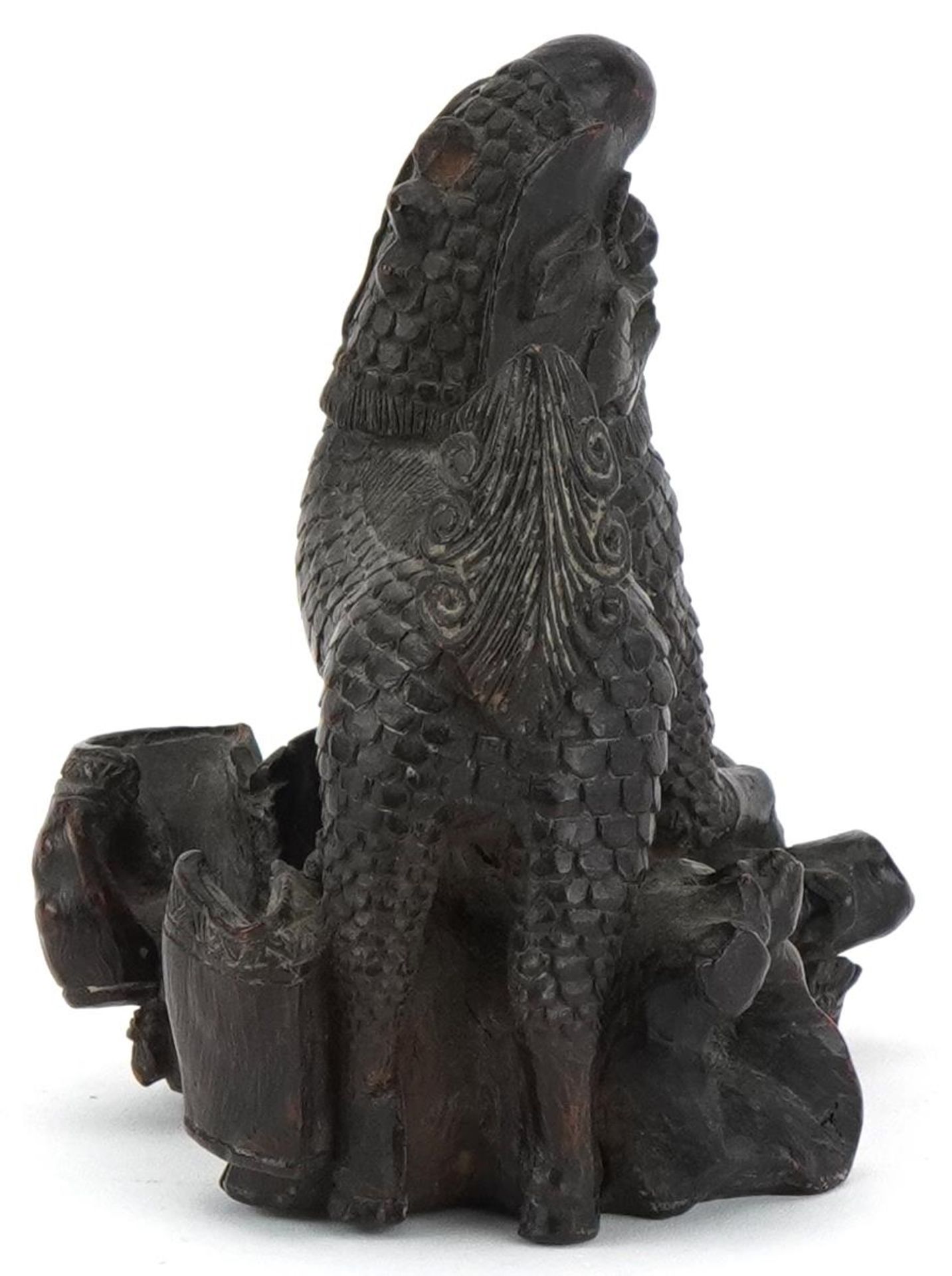 Good quality Chinese carved hardwood Foo dog, rabbit, bird and flowers with fish carved base, 13cm - Image 6 of 7