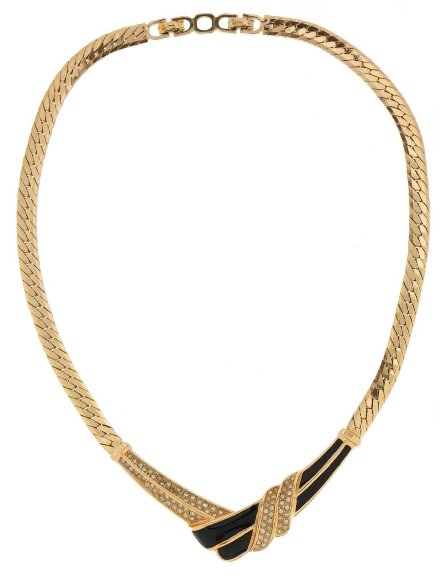 Christian Dior, vintage gold plated black enamel and clear stone necklace, 40cm in length, 43.5g - Bild 2 aus 4