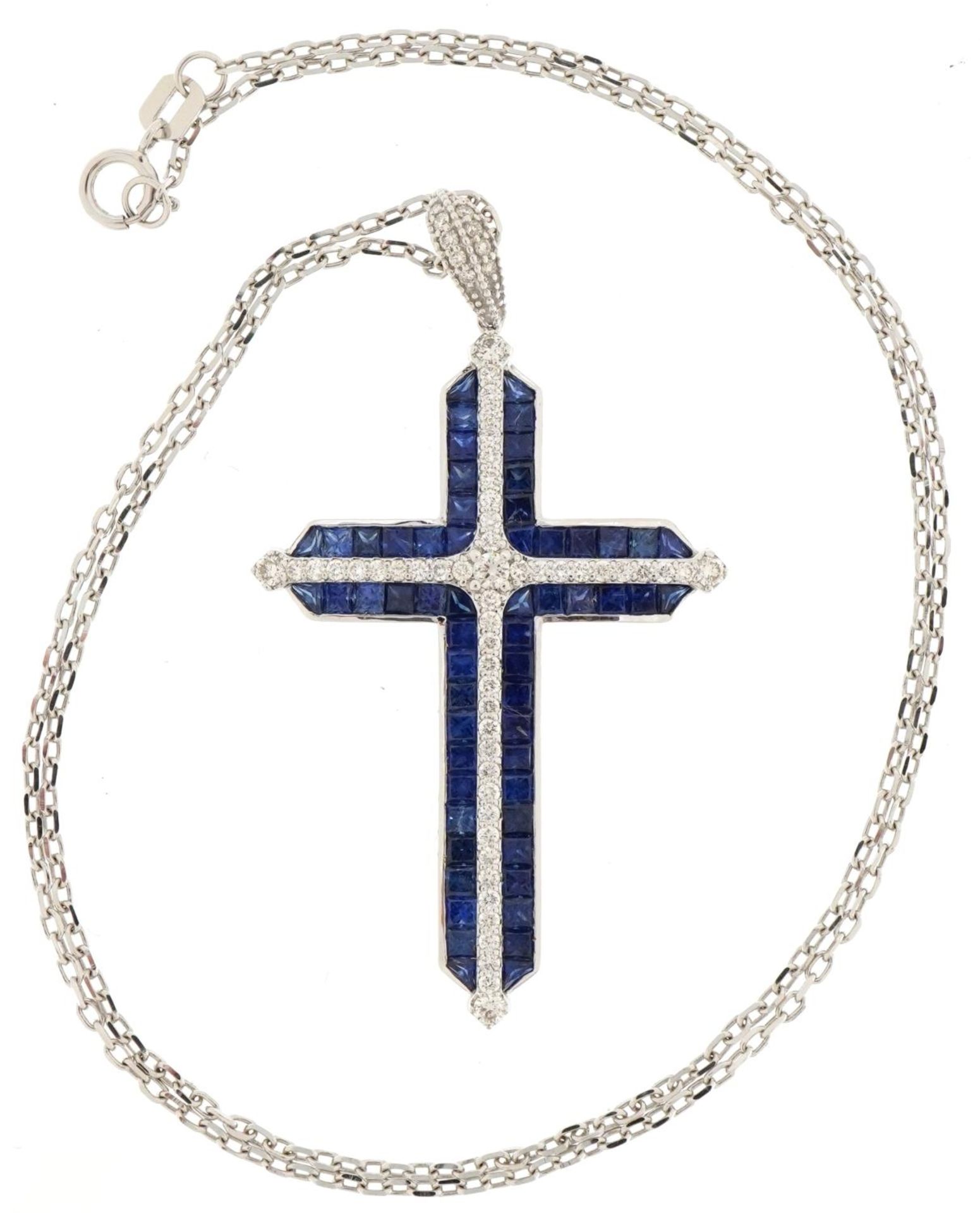 18ct white gold sapphire and diamond cross pendant on an 18ct white gold necklace, total diamond - Image 2 of 5