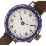 Antique ladies silver and blue enamel manual wind wristwatch having enamelled dial with Roman