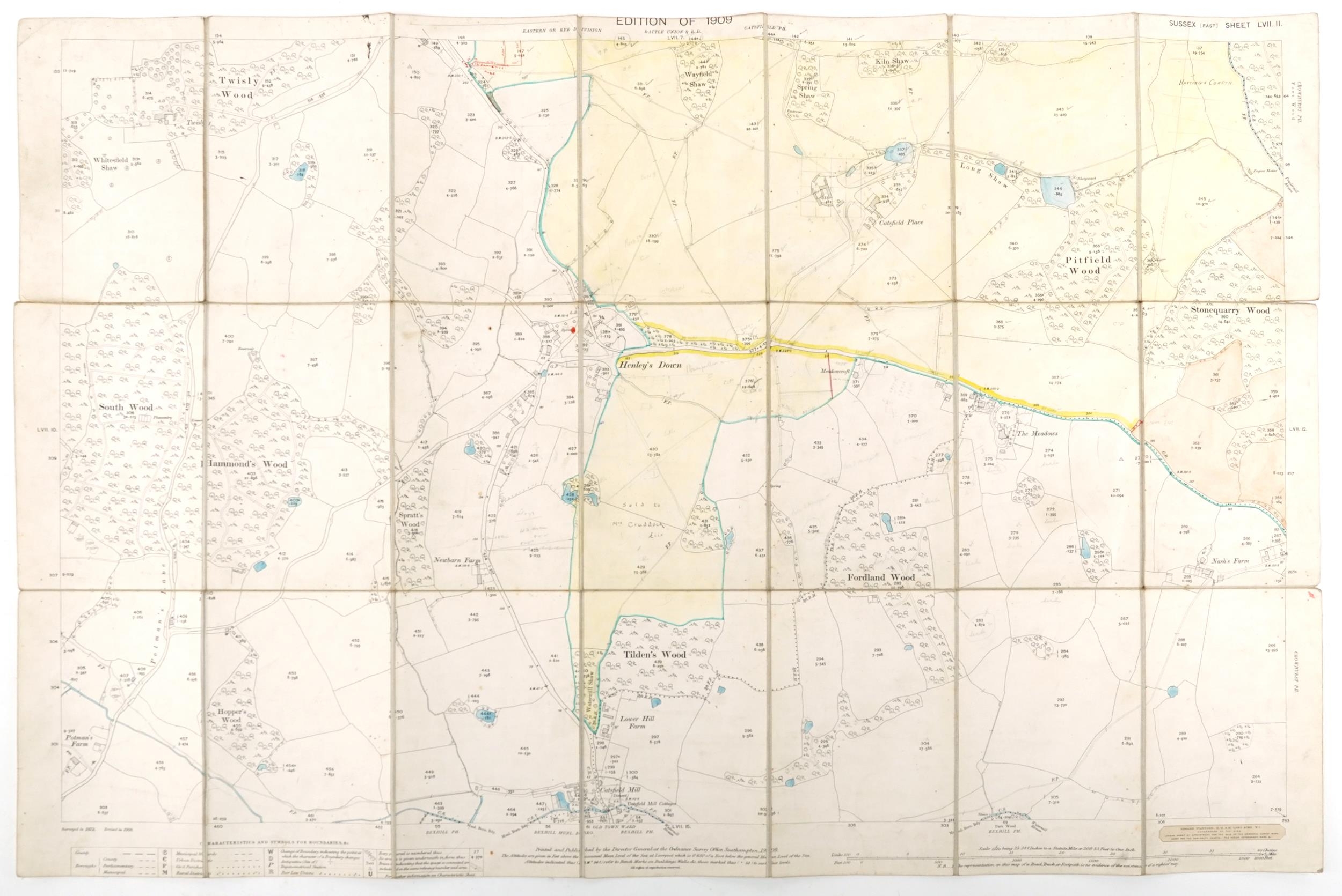 Nine Edwardian coloured folding maps of Sussex farms including Pebsham Farm, Court Lodge Farm, Upper - Image 4 of 21