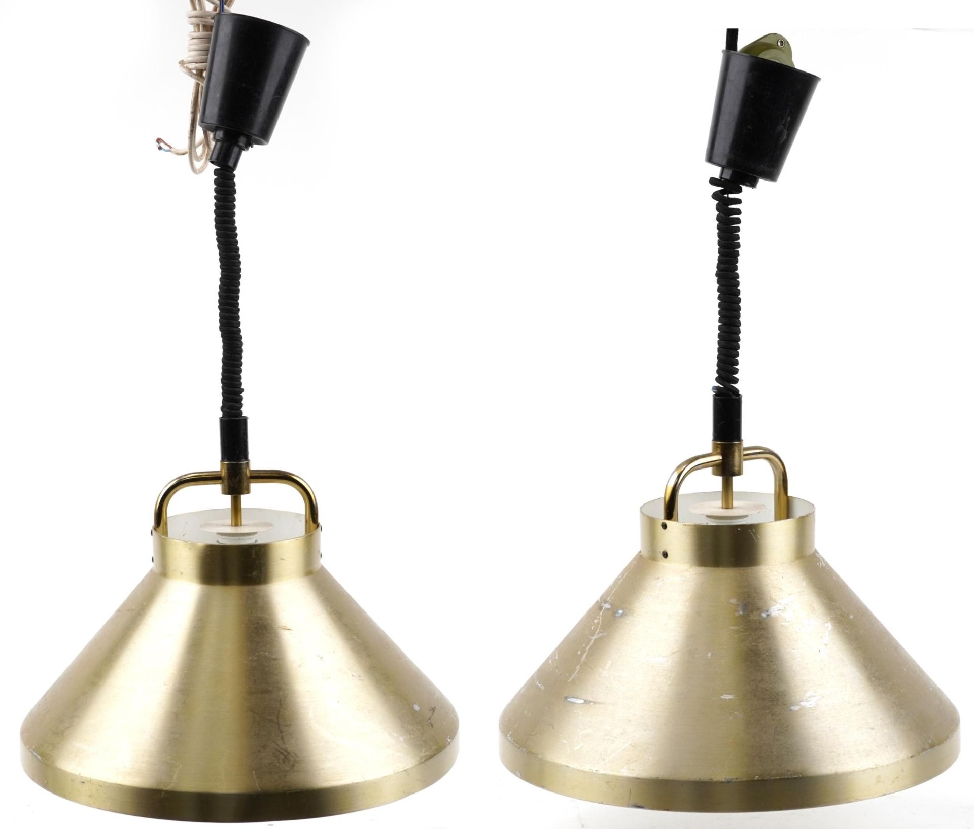 Jo Hammerborg, pair of mid century Danish Fog & Morup Tarok rise and fall light pendants with