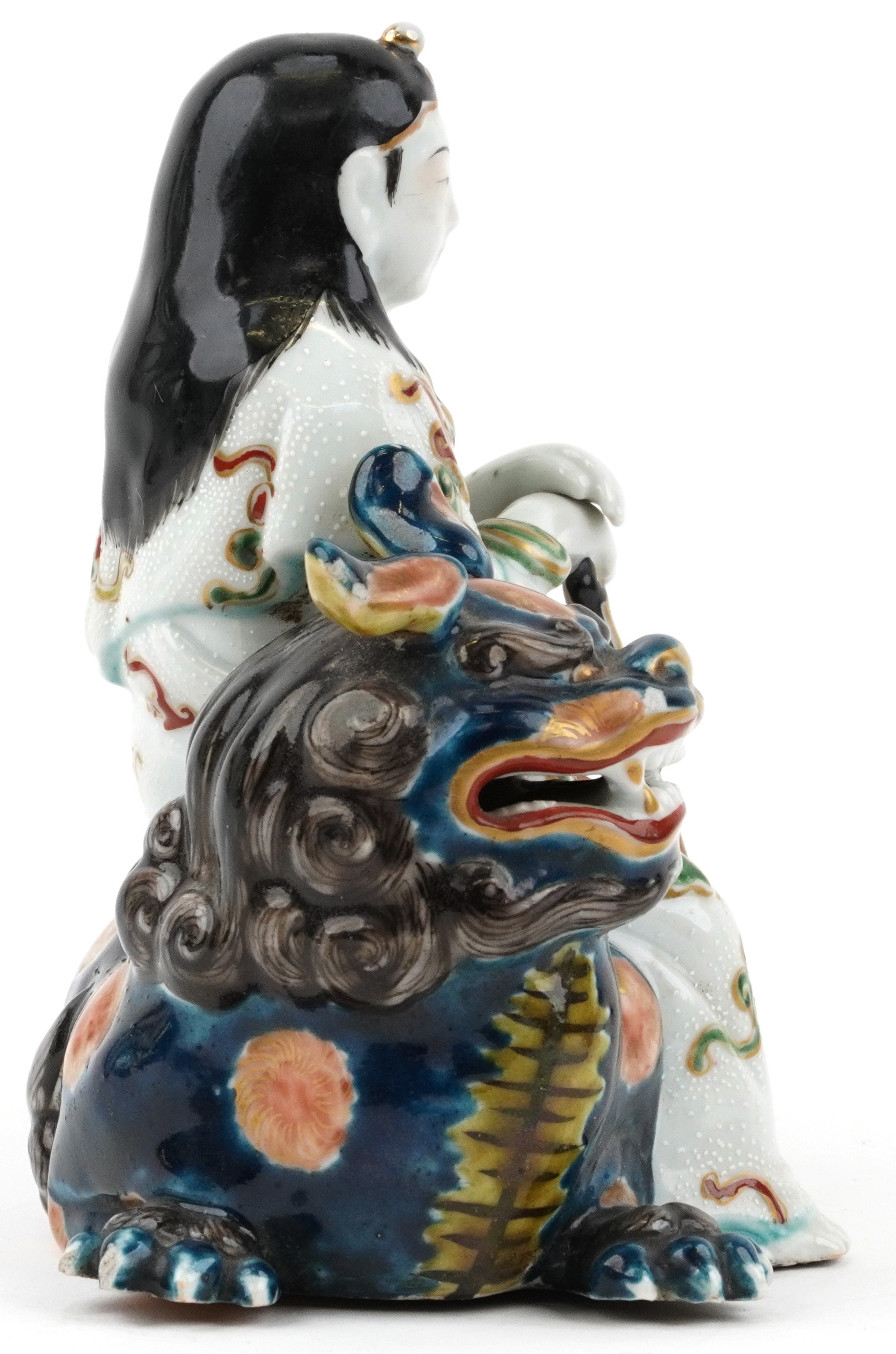 Japanese Kutani porcelain figure of a female on mythical animal, 15.5cm wide - Image 4 of 6