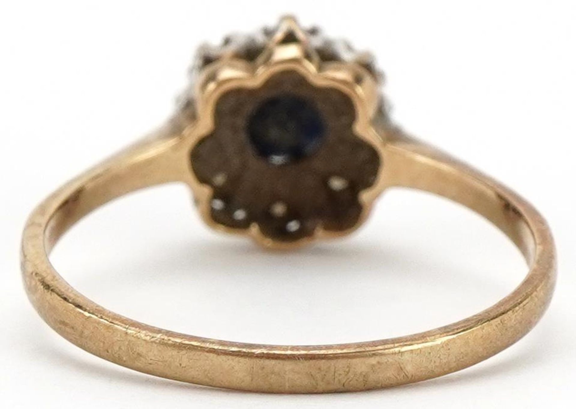 9ct gold sapphire and diamond flower head ring, size J, 1.3g - Image 2 of 4