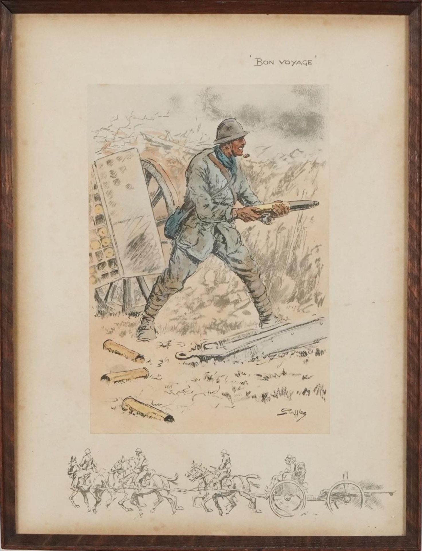Bon Voyage,- World War I interest Snaffles print, framed in contemporary oak frame, 43cm x 33cm - Image 2 of 4