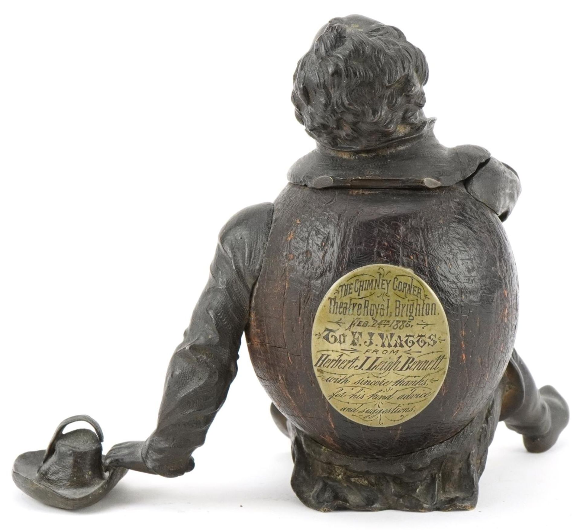 Victorian theatrical interest bronze and carved wood inkwell of Falstaff with appreciation plaque - Bild 5 aus 6