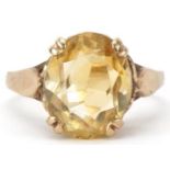 9ct gold citrine solitaire ring, the citrine approximately 11.90mm x 9.70mm x 6.20mm deep, size K,