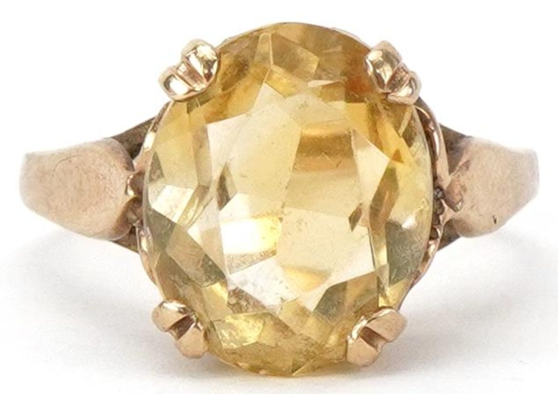 9ct gold citrine solitaire ring, the citrine approximately 11.90mm x 9.70mm x 6.20mm deep, size K,