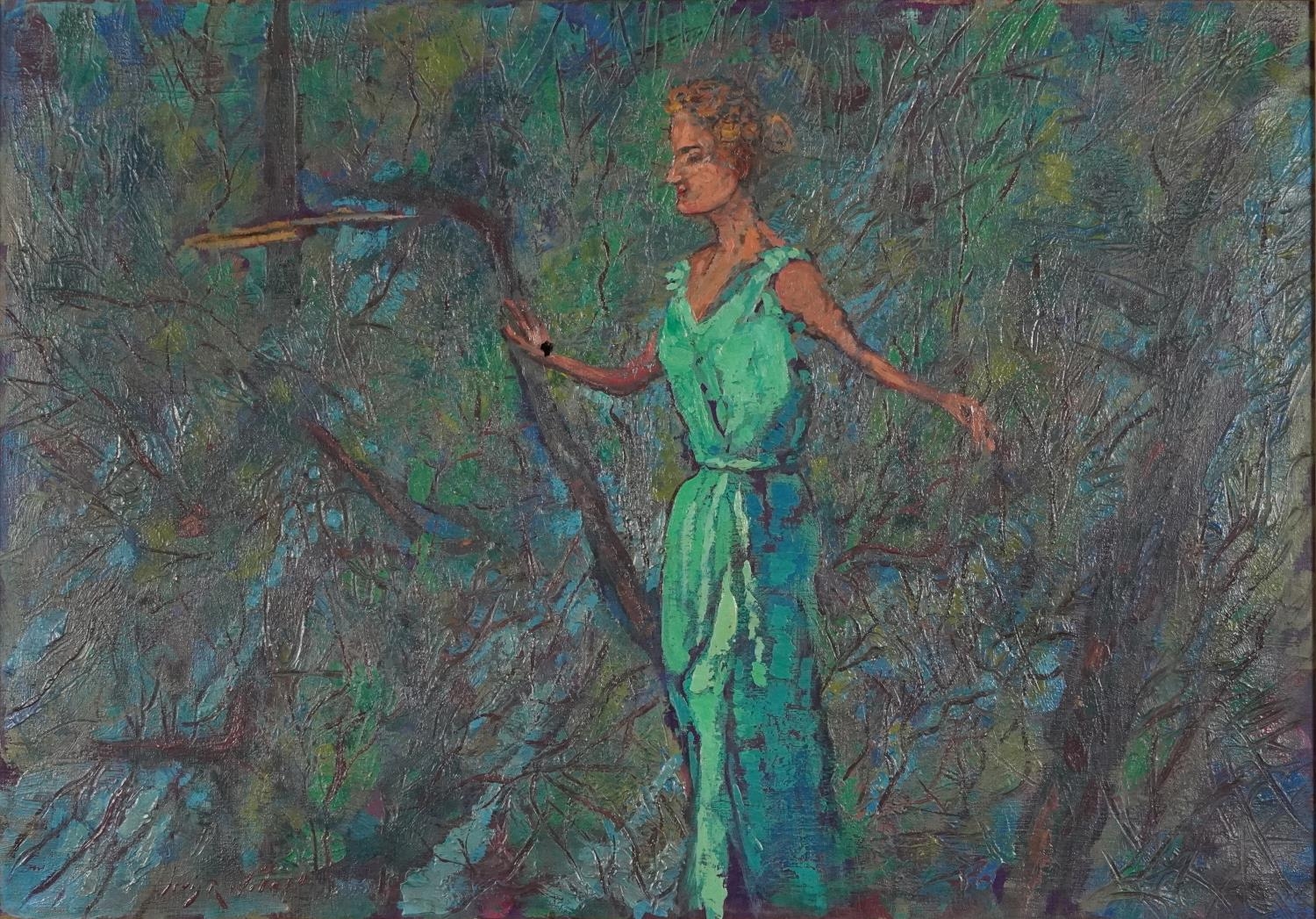 Female wearing a turquoise dress before a forest, Pre-Raphaelite school oil on canvas, in a gilt