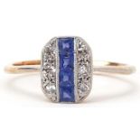 Art Deco 18ct gold and platinum diamond and sapphire cluster ring housed in a W Bruford & Son