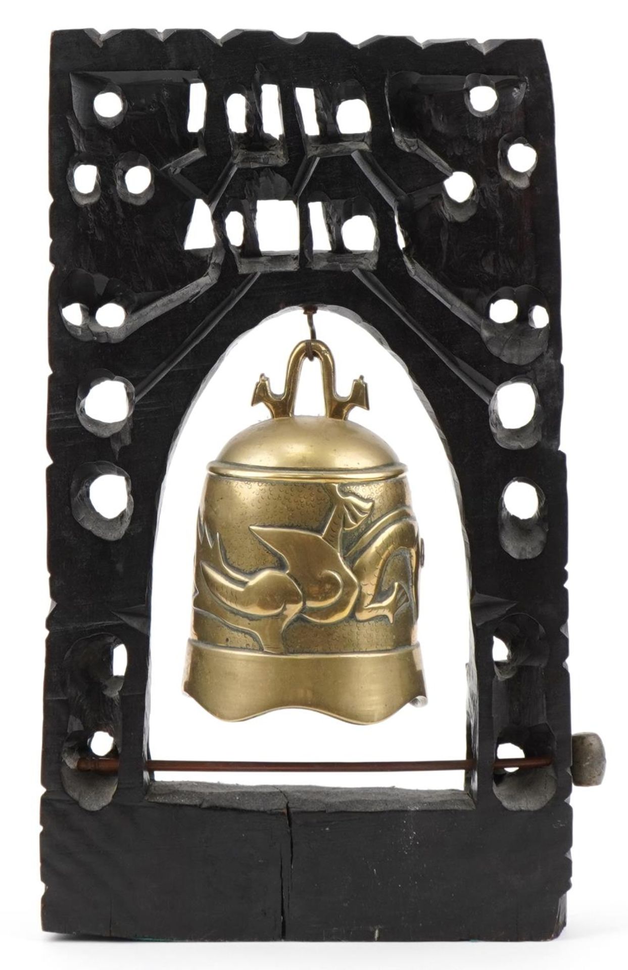 Chinese bronze dragon bell mounted on a carved hardwood stand with metal inlay, 44cm high - Image 2 of 4
