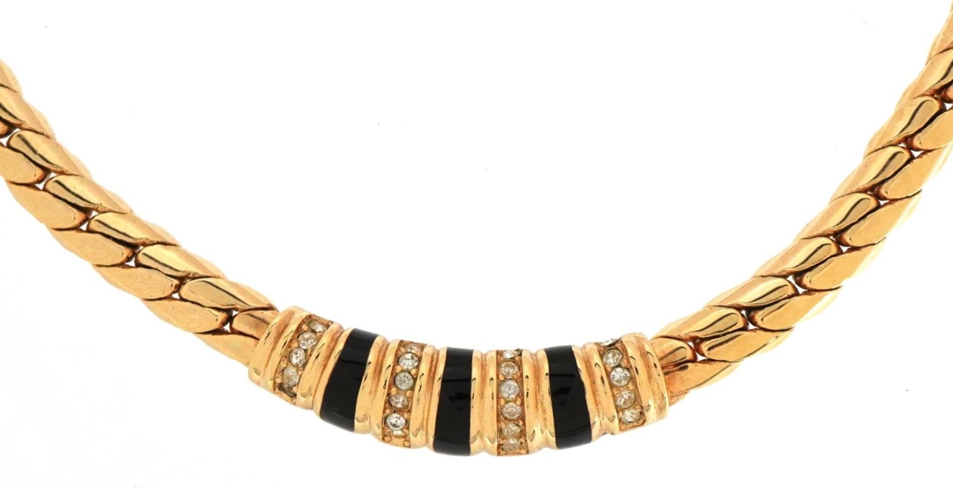 Christian Dior, vintage gold plated black enamel and clear stone necklace, 40cm in length, 44.7g