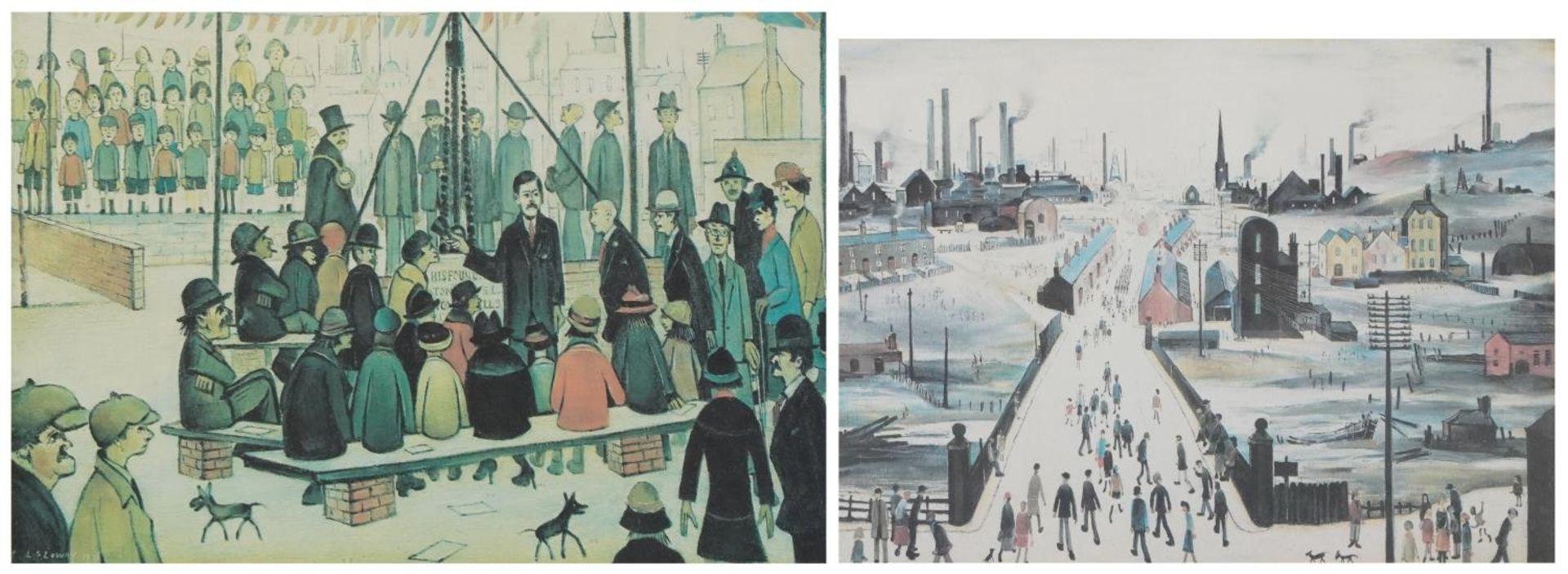 After Laurence Stephen Lowry - Canal Bridge and Laying a Foundation, two vintage prints in colour,