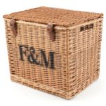 Fortnum & Mason advertising wicker basket, 42.5cm H x 46.5cm W x 37cm D