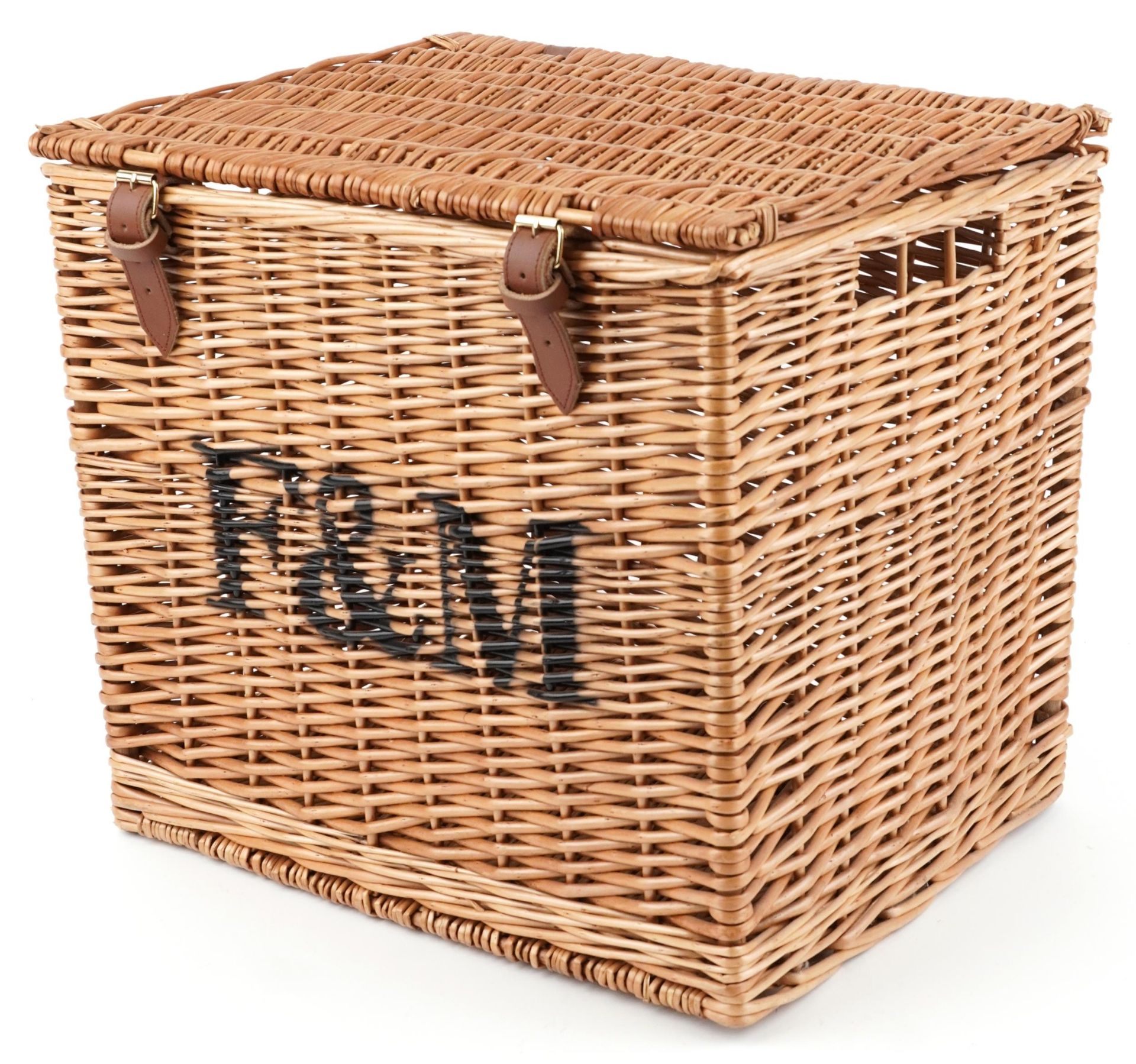 Fortnum & Mason advertising wicker basket, 42.5cm H x 46.5cm W x 37cm D