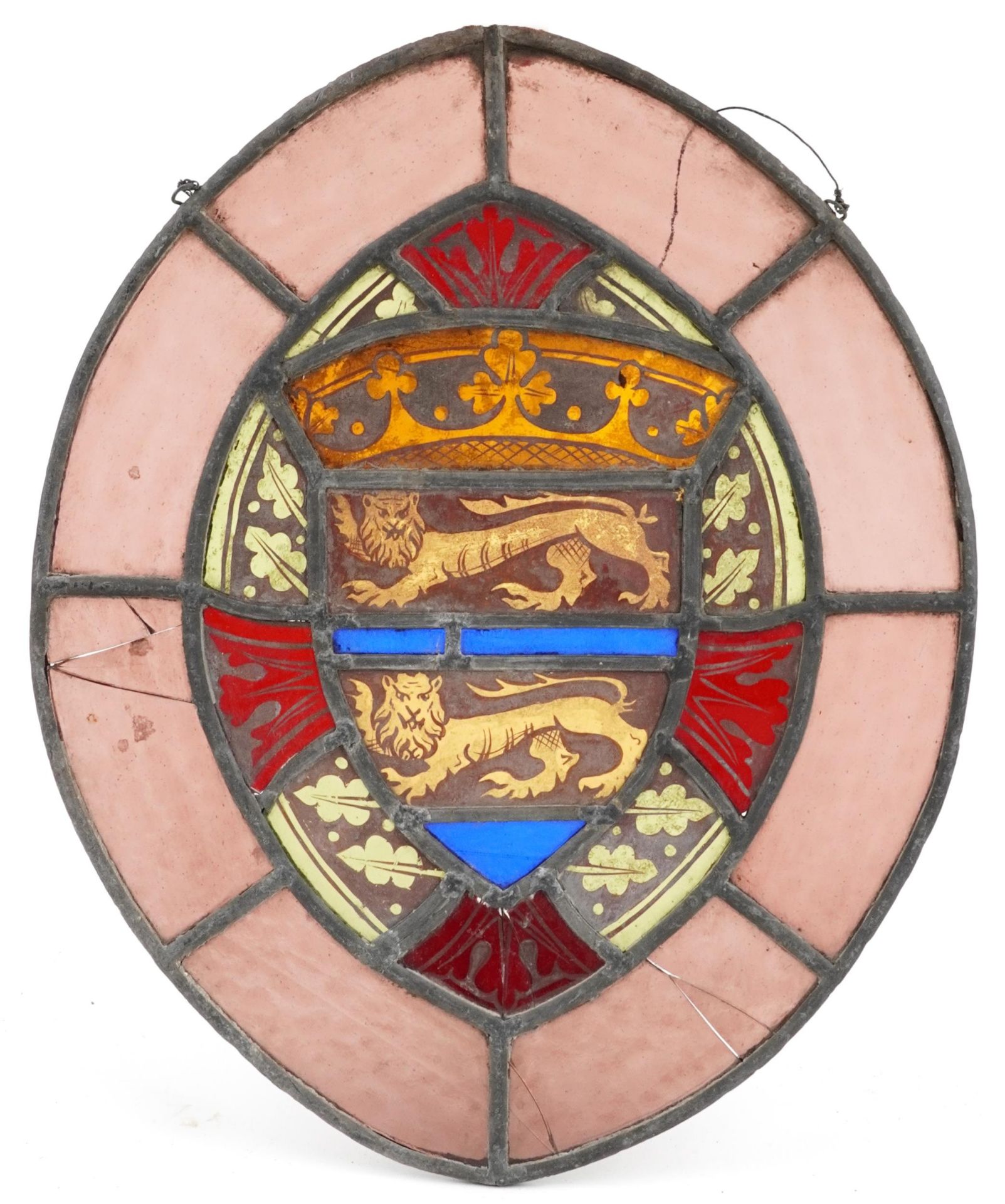 Four Danish leaded stained glass Heraldic Coat of Arms including one with lions and a bear, the - Bild 6 aus 9