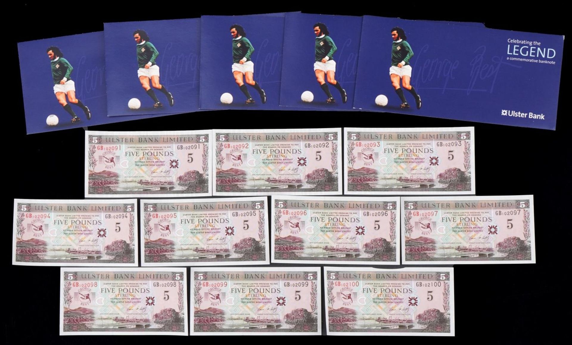 Ten count these 2006 Ulster Bank Limited George Best design five pound notes, including three with