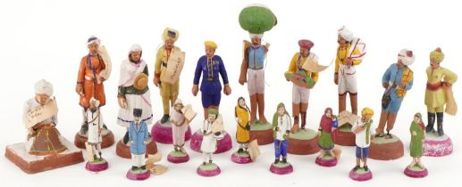 Vintage Indian hand painted plaster figures including a tailor, postman, street seller tailor and