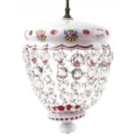 Attributed to Moser, Bohemian white overlaid cranberry glass hanging light pendant with cut glass