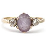 9ct gold amethyst and clear stone three stone ring, size P, 2.2g