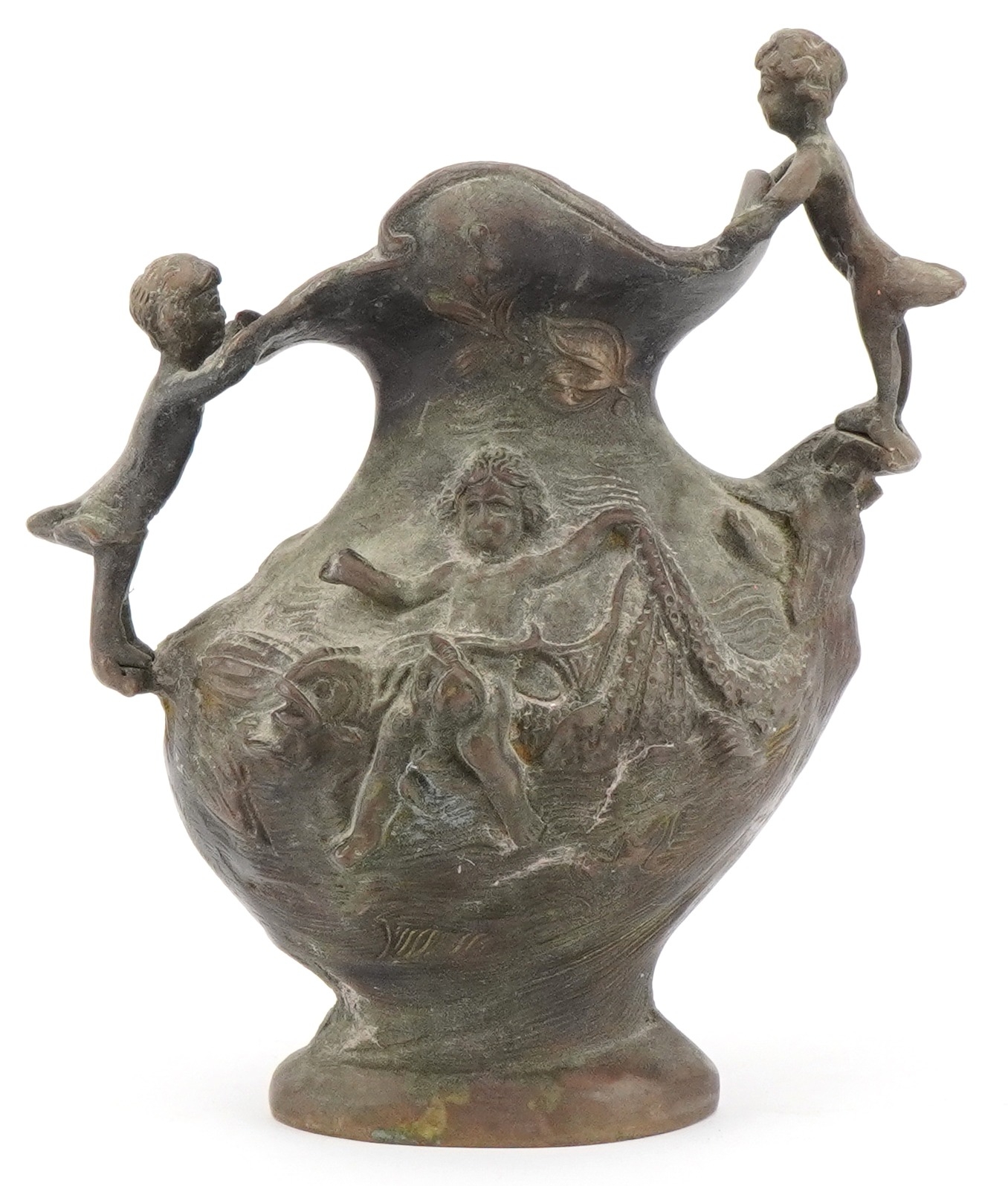 19th century classical patinated bronze jug surmounted and decorated in relief with children and - Image 3 of 4