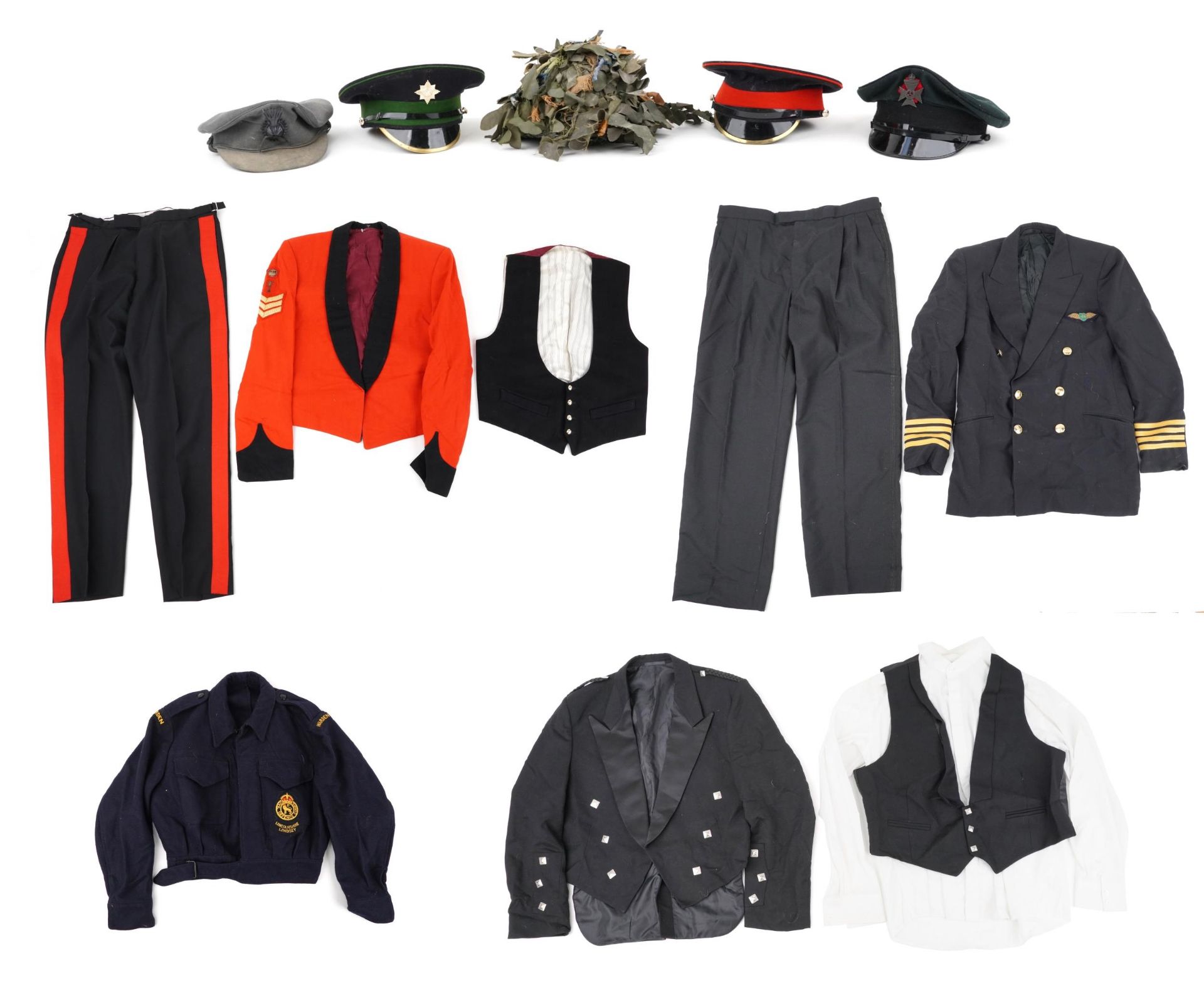 Military clothing and peaked caps including Grenadier Guards, Civil Defence Warden , The King's