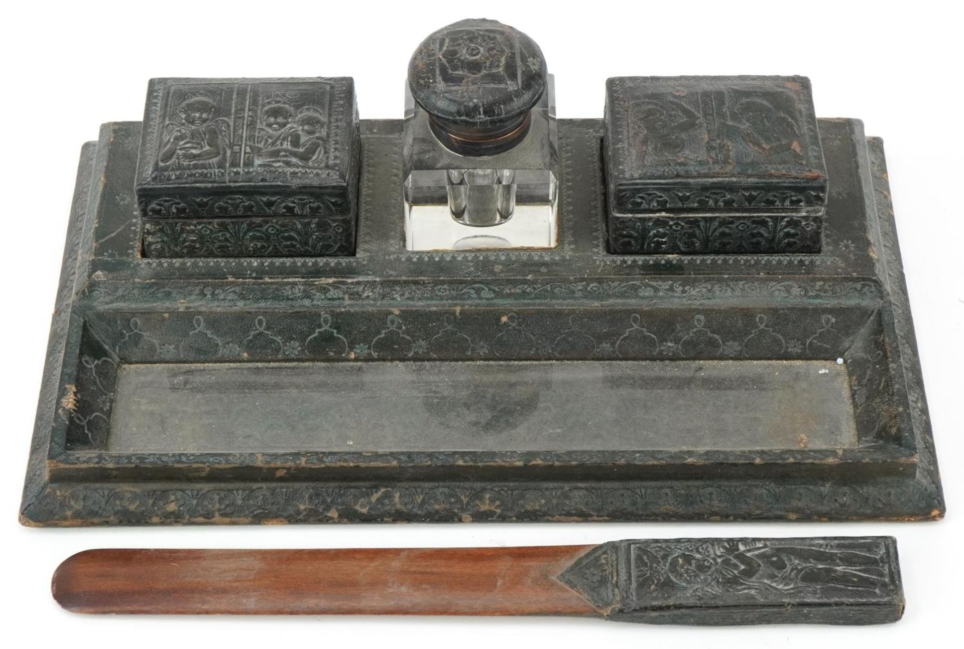 19th century European leather desk stand with two boxes, inkwell and letter opener embossed with - Image 3 of 6