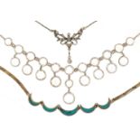 Three silver necklaces set with stones including turquoise and crystal, total 39.8g