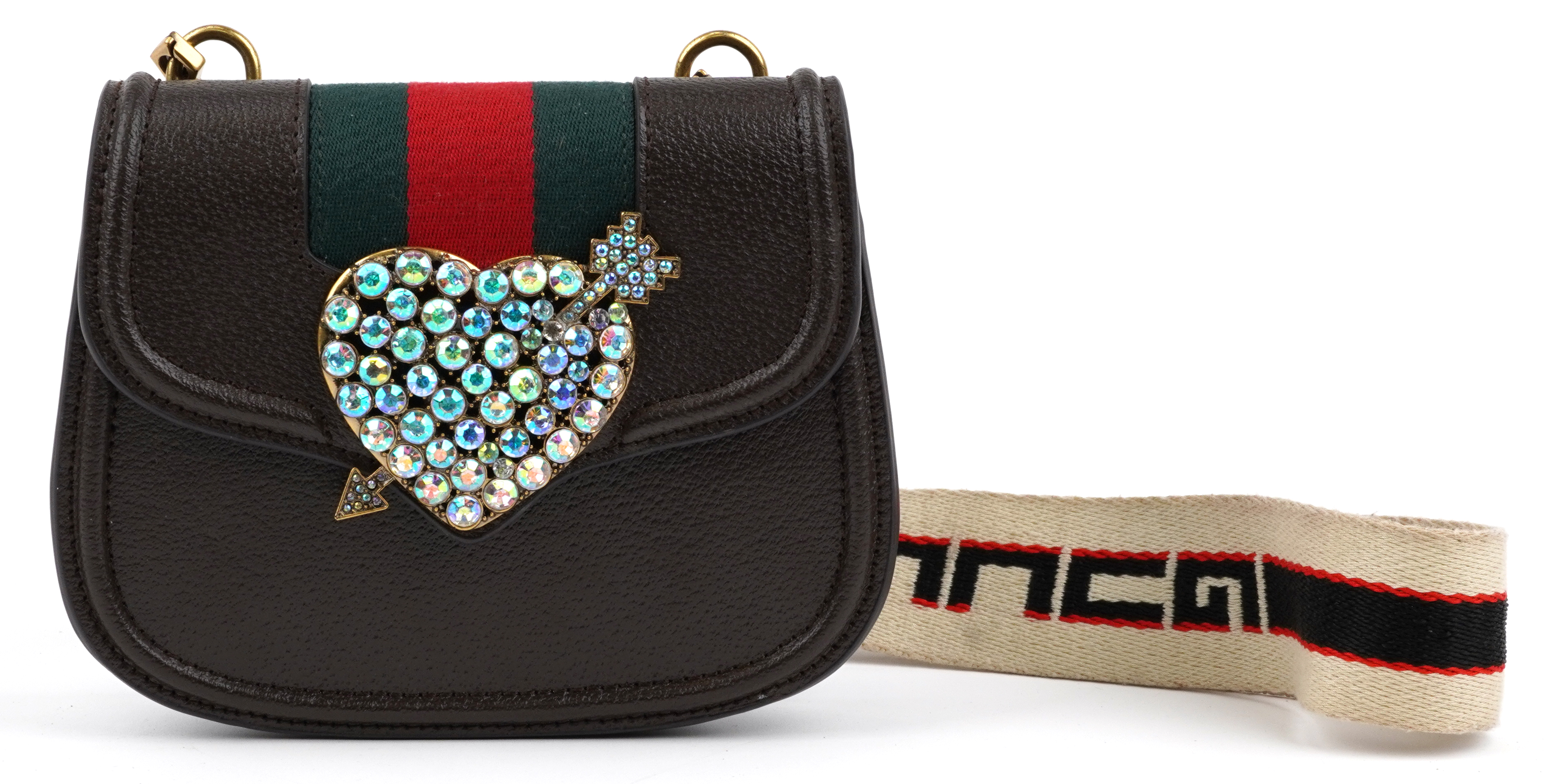 Gucci, brown leather shoulder bag with love heart and arrow set with colourful stones, 20.5cm wide - Image 2 of 9