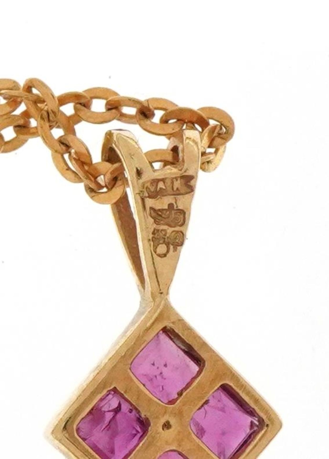 9ct gold pink spinel and diamond pendant on a Italian Unoaerre 14ct gold necklace, 1.3cm high and - Image 4 of 4