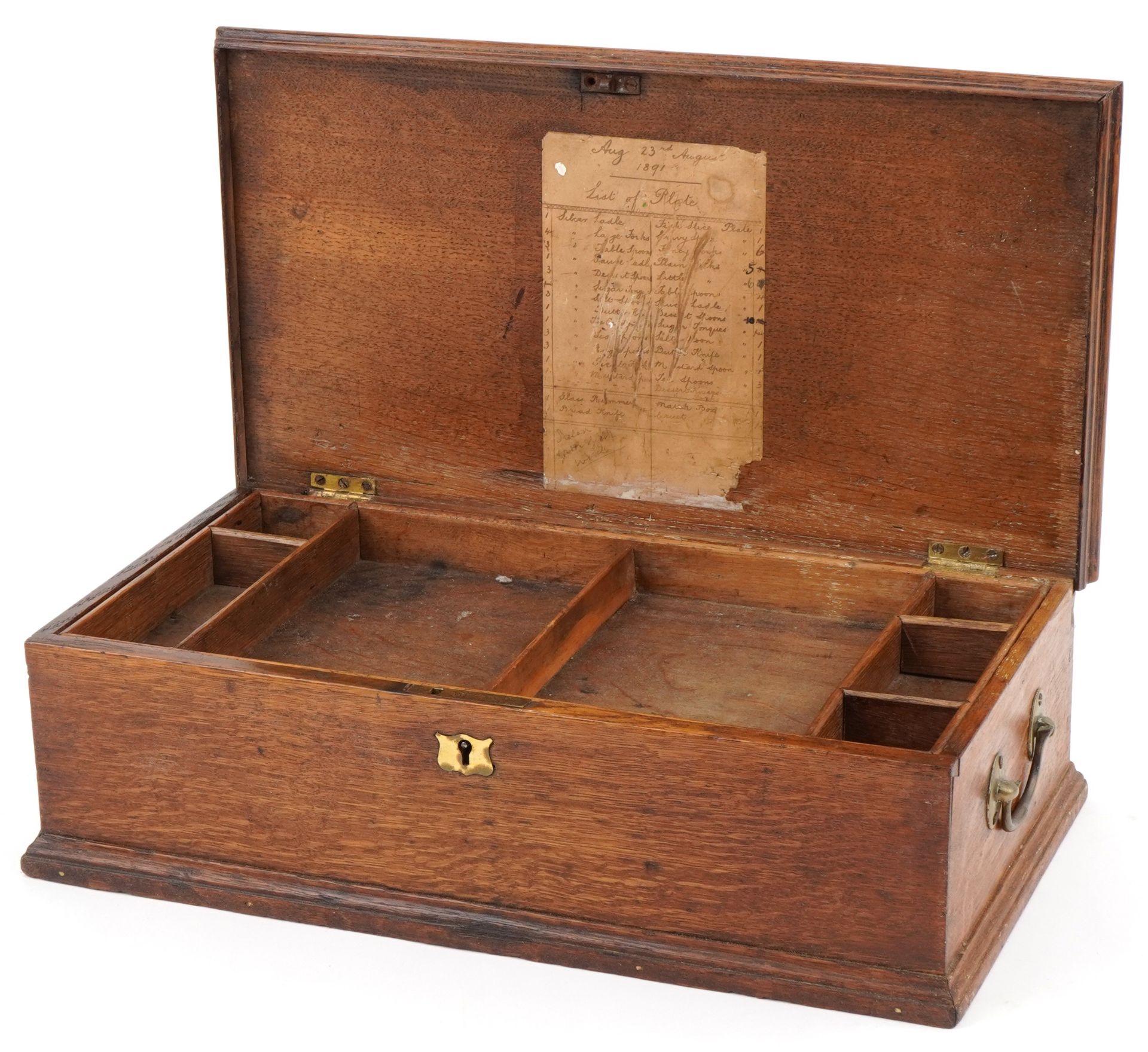 19th century oak workbox with fitted lift out interior and brass carrying handles, 14.5cm H x 48cm W - Bild 2 aus 6