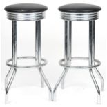 Pair of chrome breakfast bar stools with black faux leather cushioned seats, each 77cm high