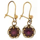 Pair of antique unmarked gold amethyst and white enamel drop earrings, each 2.7cm high, total 3.0g