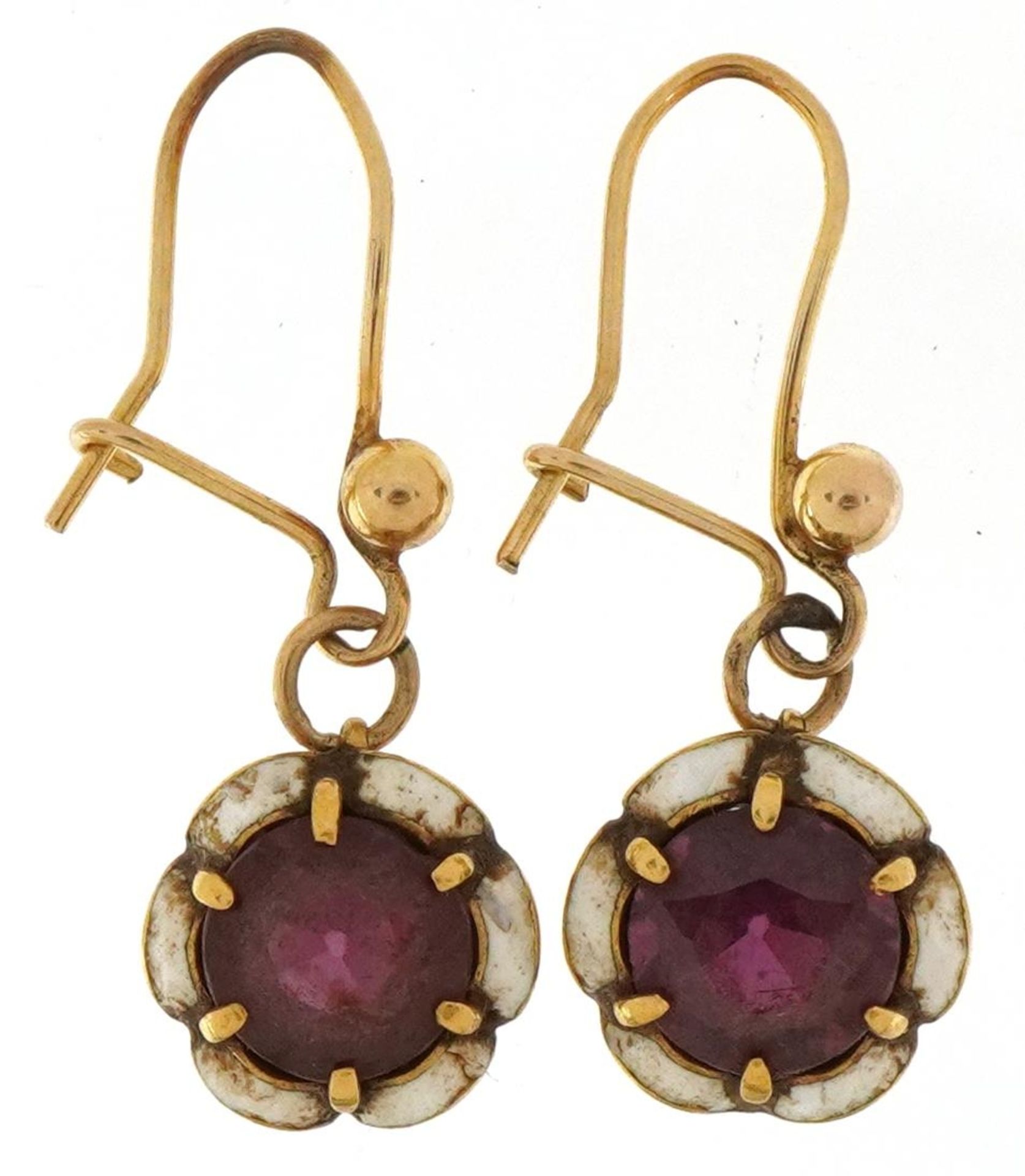 Pair of antique unmarked gold amethyst and white enamel drop earrings, each 2.7cm high, total 3.0g