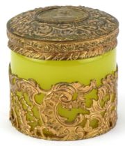 French yellow pressed glass jar with pierced gilt brass mount and lid with portrait of Queen