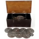 19th century Helvetia music box playing on eight 4.5 inch discs, 14.5cm H x 37cm W x 19.5cm D